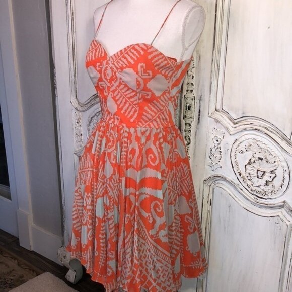 Milly of New York Orange and Beige Spaghetti Strap Waisted Fit and Flair Dress - Picture 3 of 13